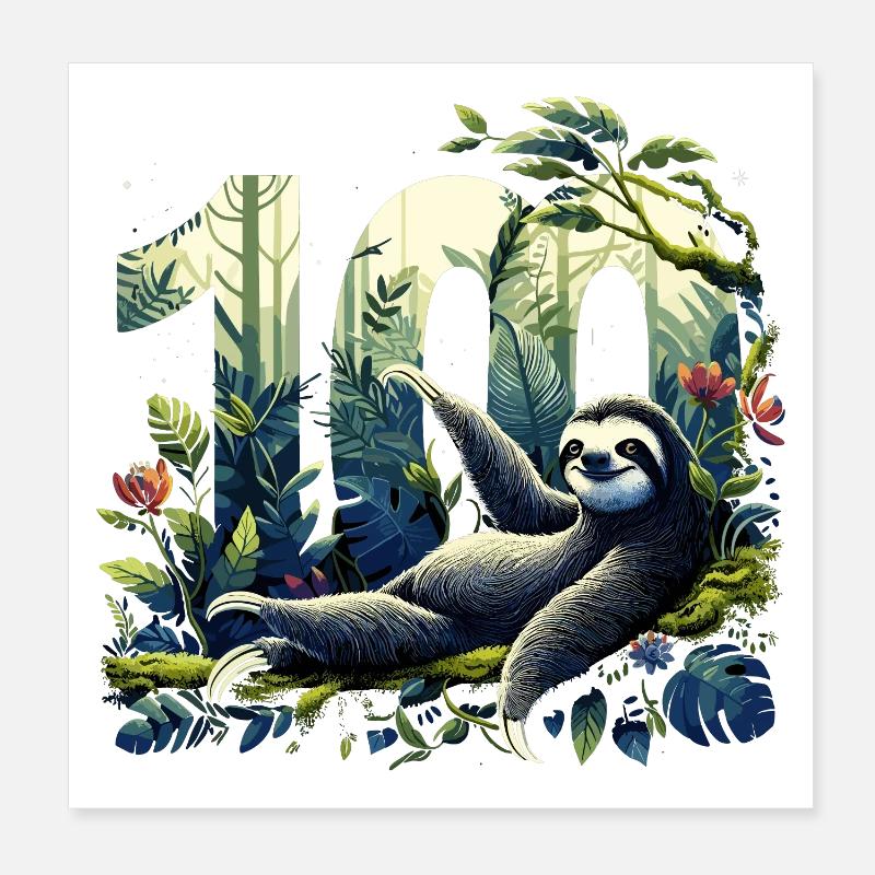 100 Years Sloth 100th Birthday Gift Poster 8" x 8" (20x20 cm)