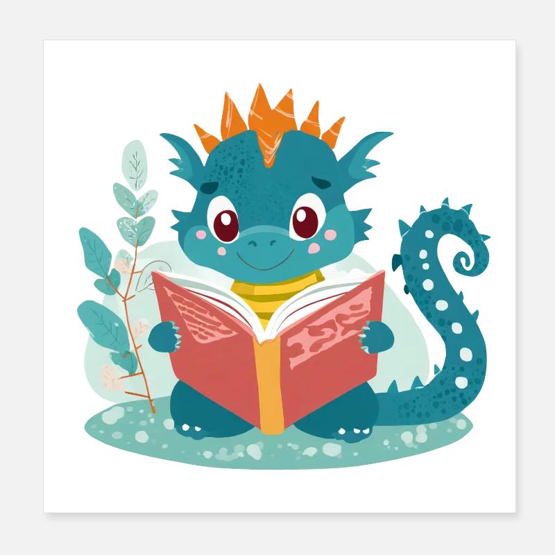 Kleiner Drache mit Buch - Poster 20x20 cm - Weiß