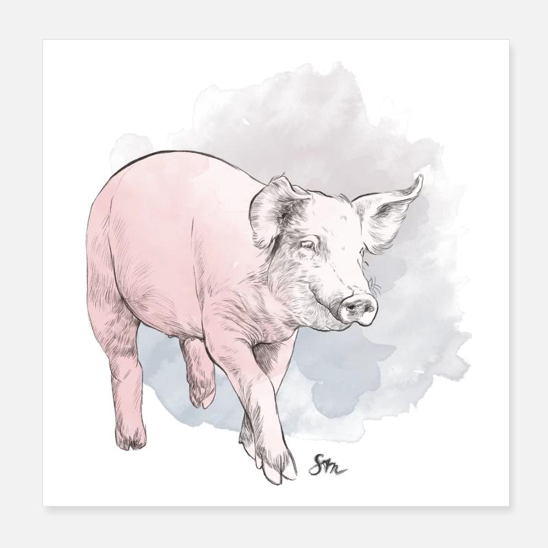 Niedliches Schwein vor buntem Klecks Poster 20x20 cm
