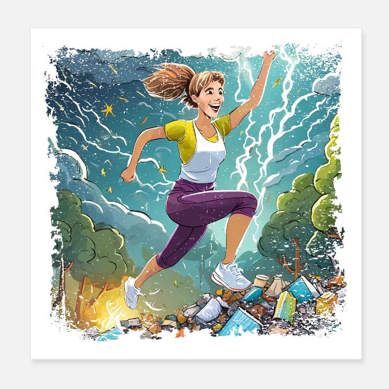 Frau, die über viel Müll springt Poster 20x20 cm