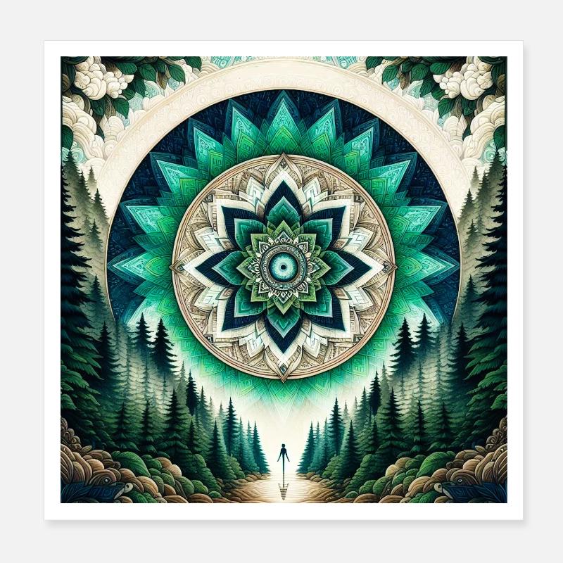 Forest Mandala Aurora Green Teal - Poster 8" x 8" (20x20 cm) - white