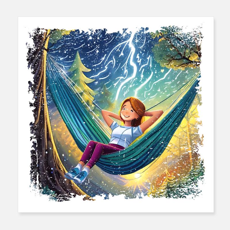 Fille sur hamac, se détendre, avec des flashs Poster 20 x 20 cm
