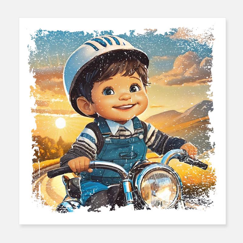 Petit garçon sur une vieille moto Poster 20 x 20 cm