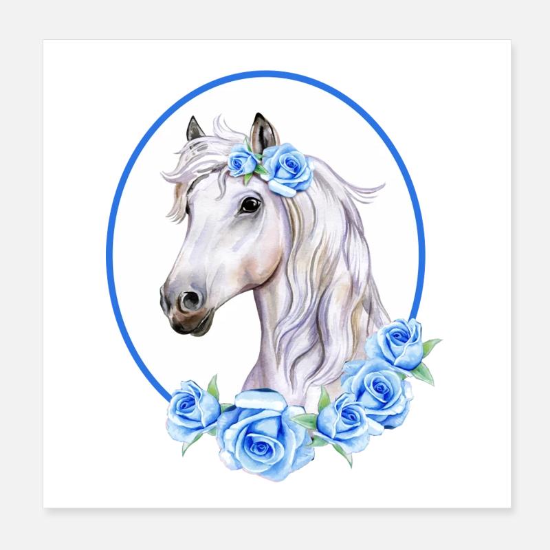 Cheval Blanc Romantique - Roses Bleu Clair - Poster 20 x 20 cm - blanc