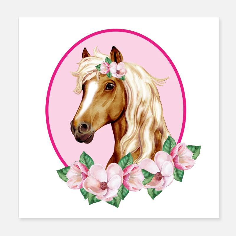 Cheval brun romantique - Fleurs roses Poster 20 x 20 cm
