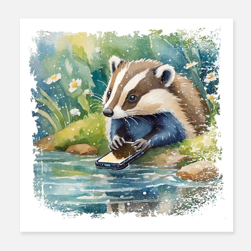 Niedlicher junger Dachs mit Handy, Kinderbuchstil Poster 20x20 cm