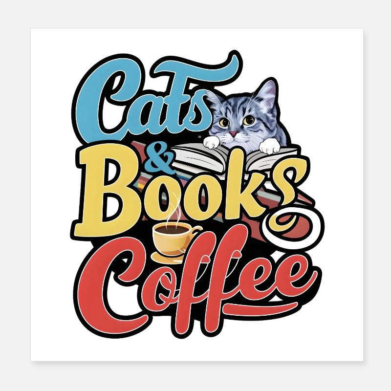 Katzen und Bücher mit Kaffee-Design Poster 20x20 cm