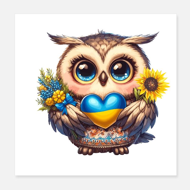 Niedliche Eule mit einem blau gelben Herz Poster 20x20 cm
