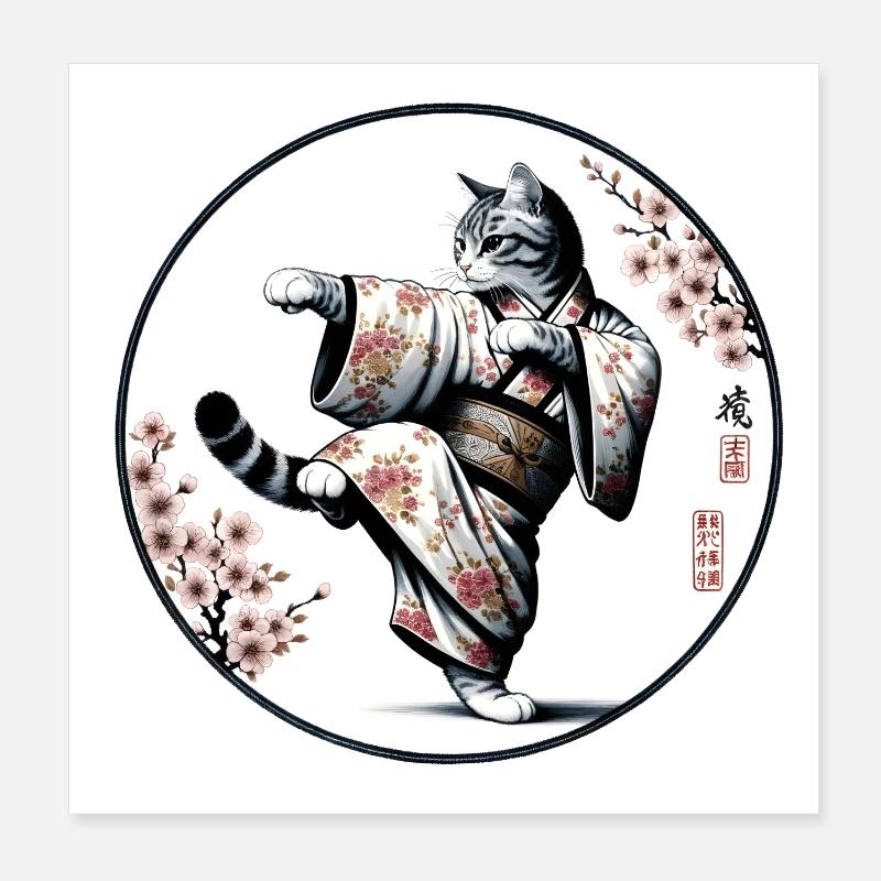 Katze mit Kimono in einer Kung Fu Kampfstellung Poster 20x20 cm