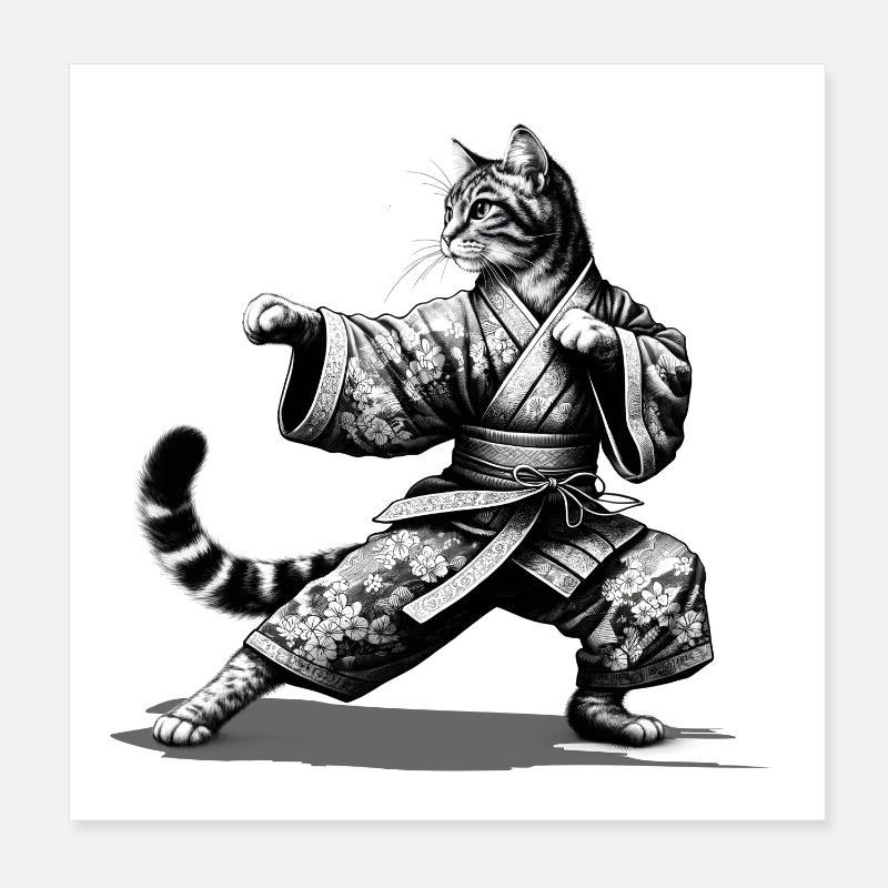 Katze mit Kimono in einer Kung Fu Kampfstellung Poster 20x20 cm