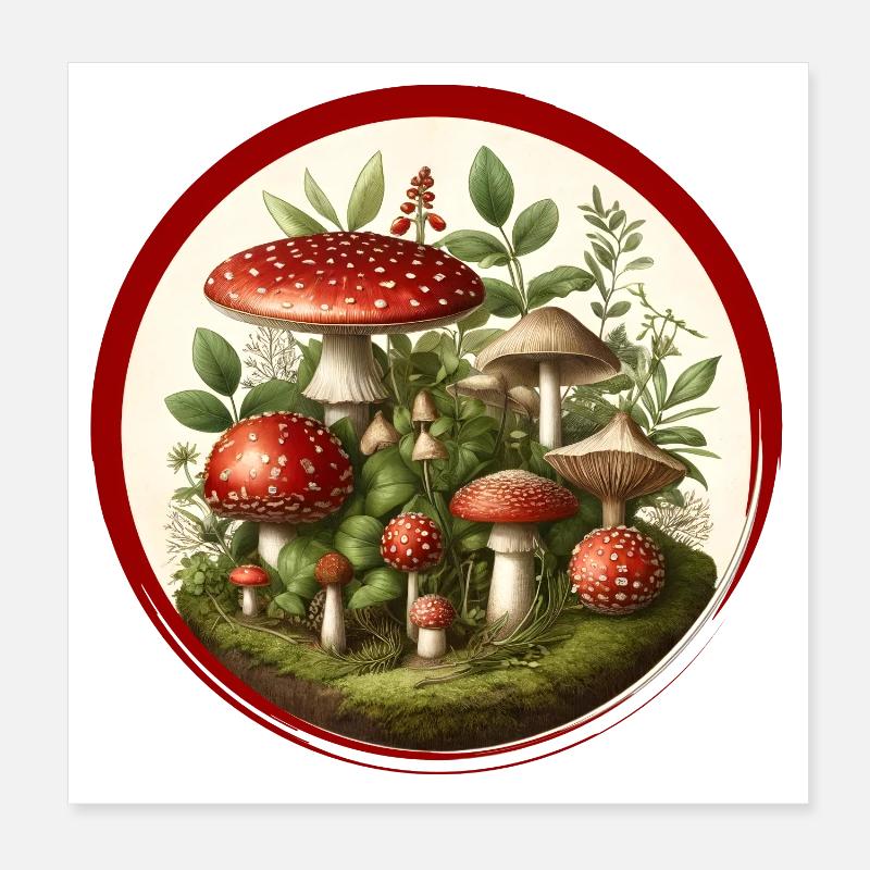 Champignons rouges détaillés sur le sol de la forêt Poster 20 x 20 cm