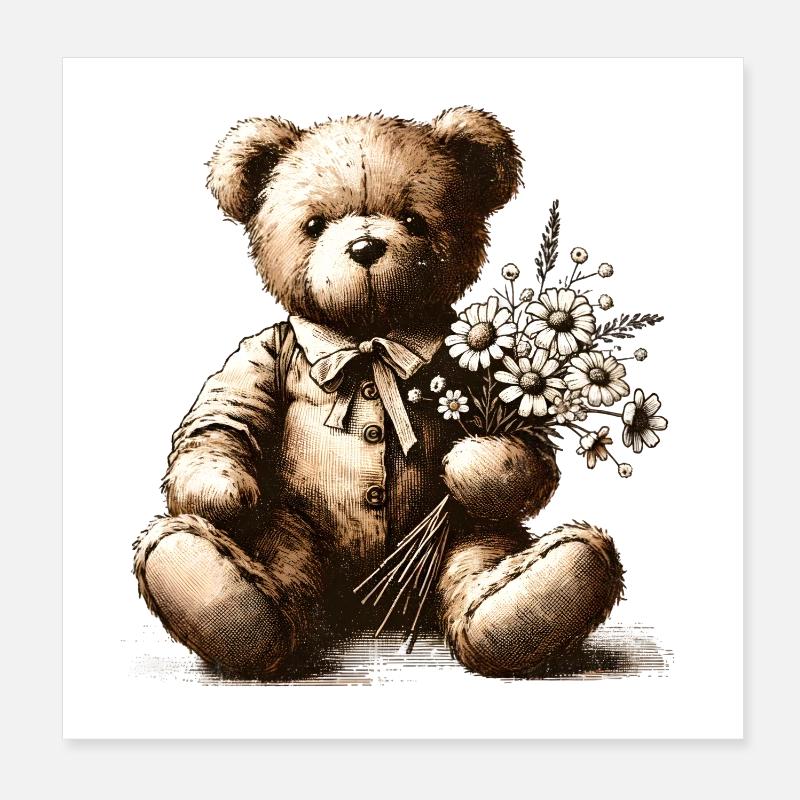 Teddy vintage avec des fleurs : une touche de nostalgie Poster 20 x 20 cm