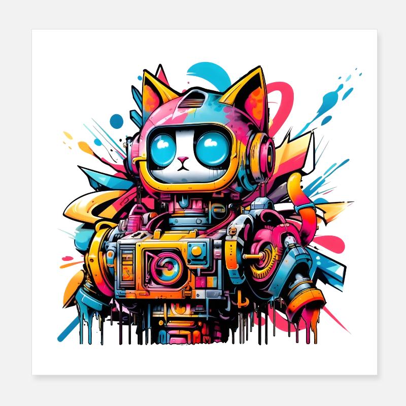 Katze gestaltet als Roboter im Comic Graffiti Stil Poster 20x20 cm