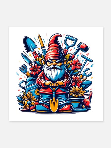 Bunter,grimmiger Gartenzwerg mit Blumen & Werkzeug - Poster 20x20 cm - Weiß - Vorne