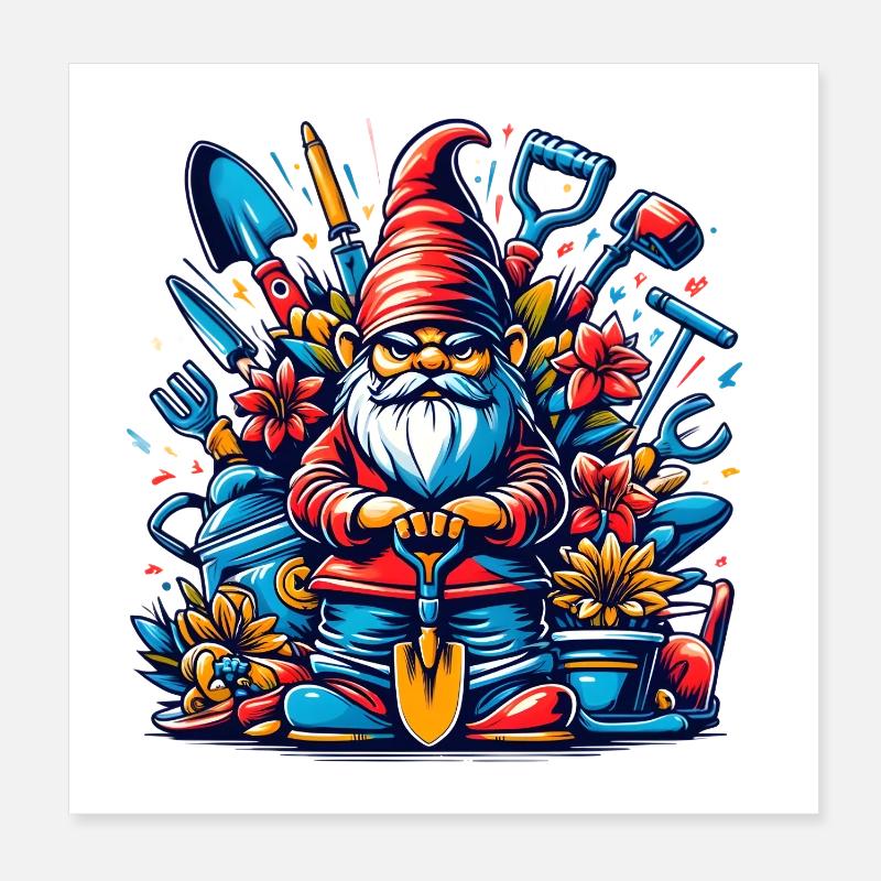 Bunter,grimmiger Gartenzwerg mit Blumen & Werkzeug Poster 20x20 cm