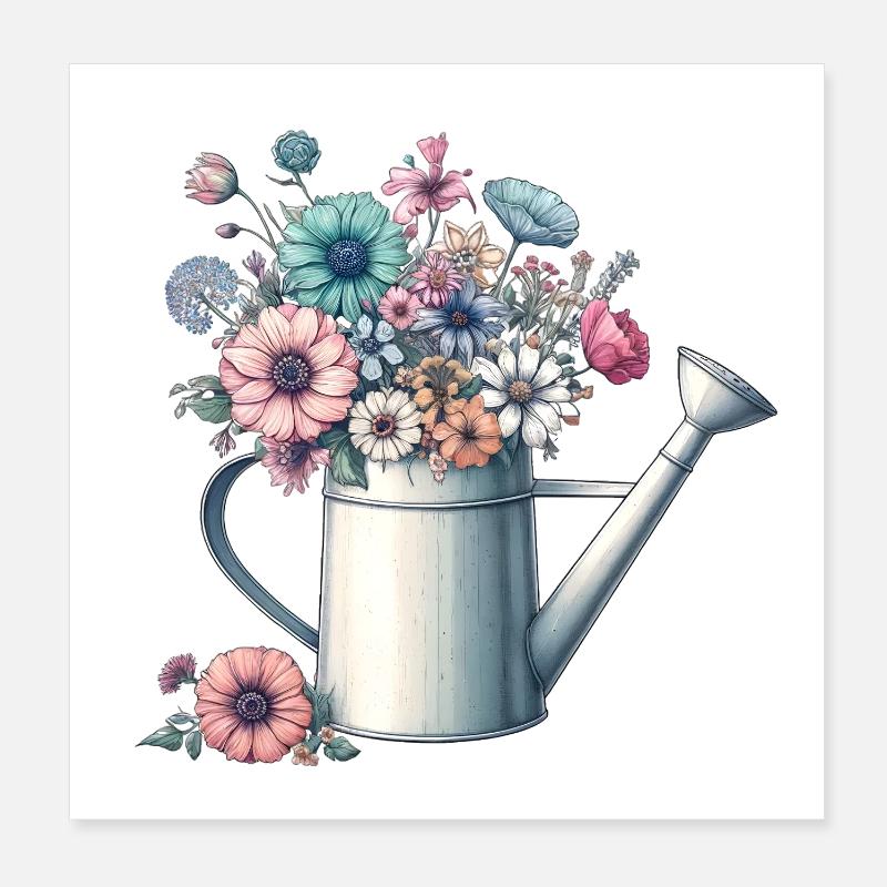 Watering can, luxuriantly filled with pastel-colored flowers Poster 8" x 8" (20x20 cm)
