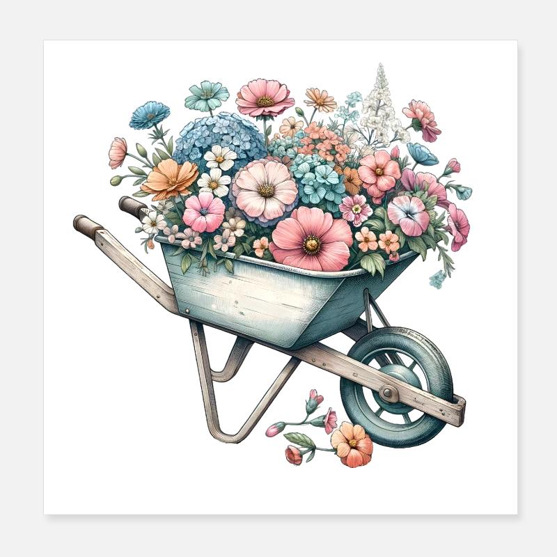 Brouette remplie de fleurs aux couleurs pastel Poster 20 x 20 cm