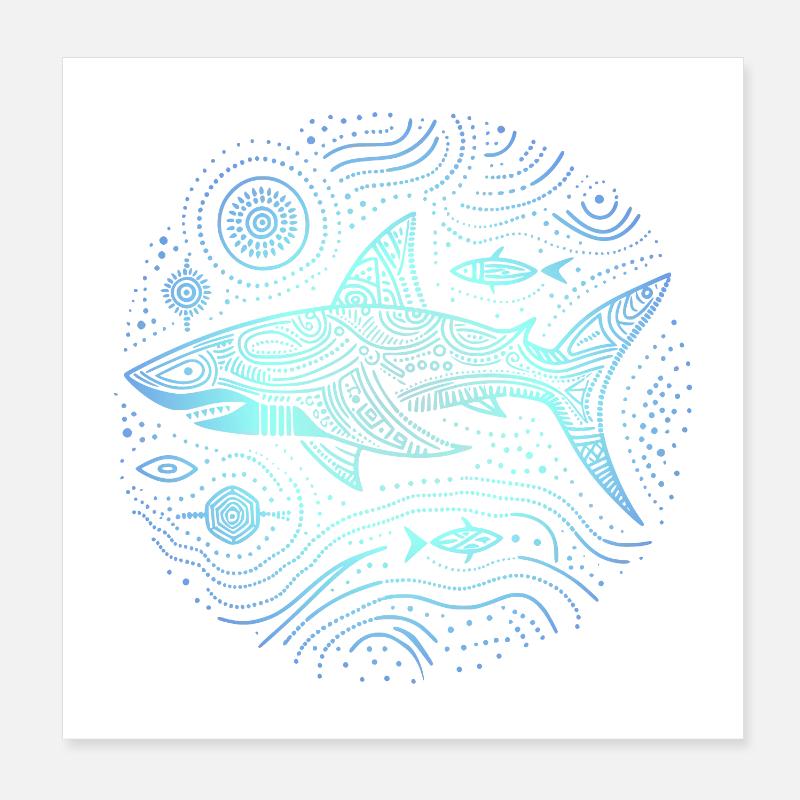 Shark Aboriginal Patterns Australia Shades Blue Poster 8" x 8" (20x20 cm)
