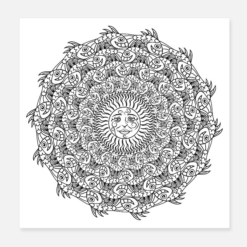 Banc de poissons en cercle et soleil noir et blanc Poster 20 x 20 cm