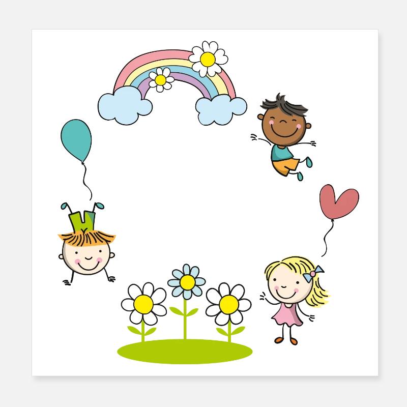 Kinder der Erde mit Regenbogen Blumen Luftballon - Poster 20x20 cm - Weiß