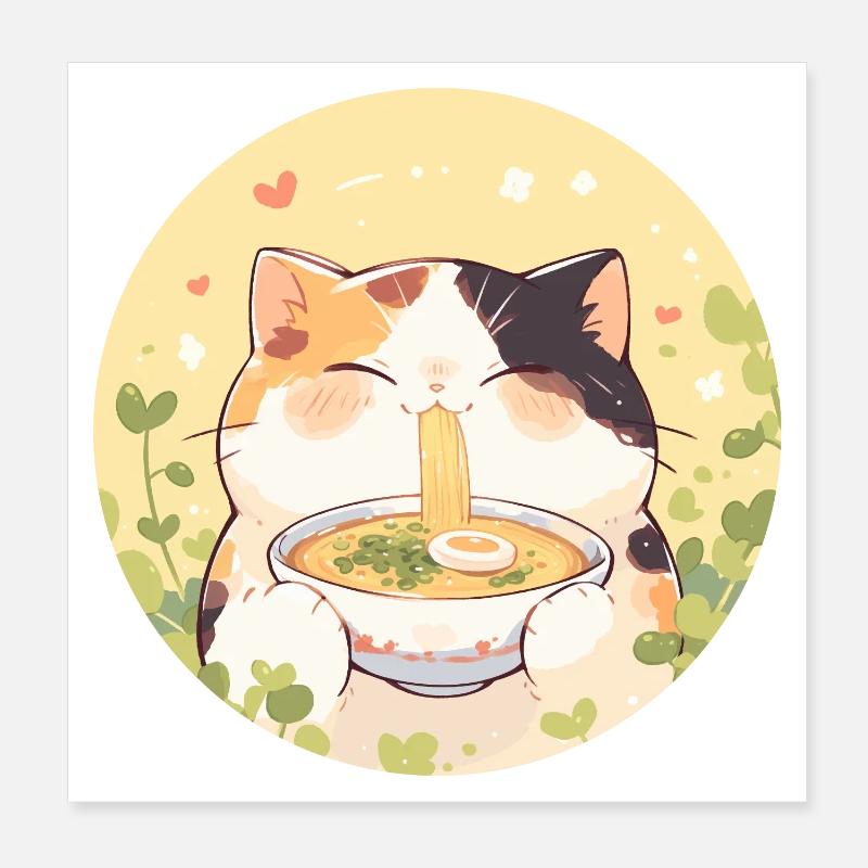 Cat eating Ramen Poster 8" x 8" (20x20 cm)