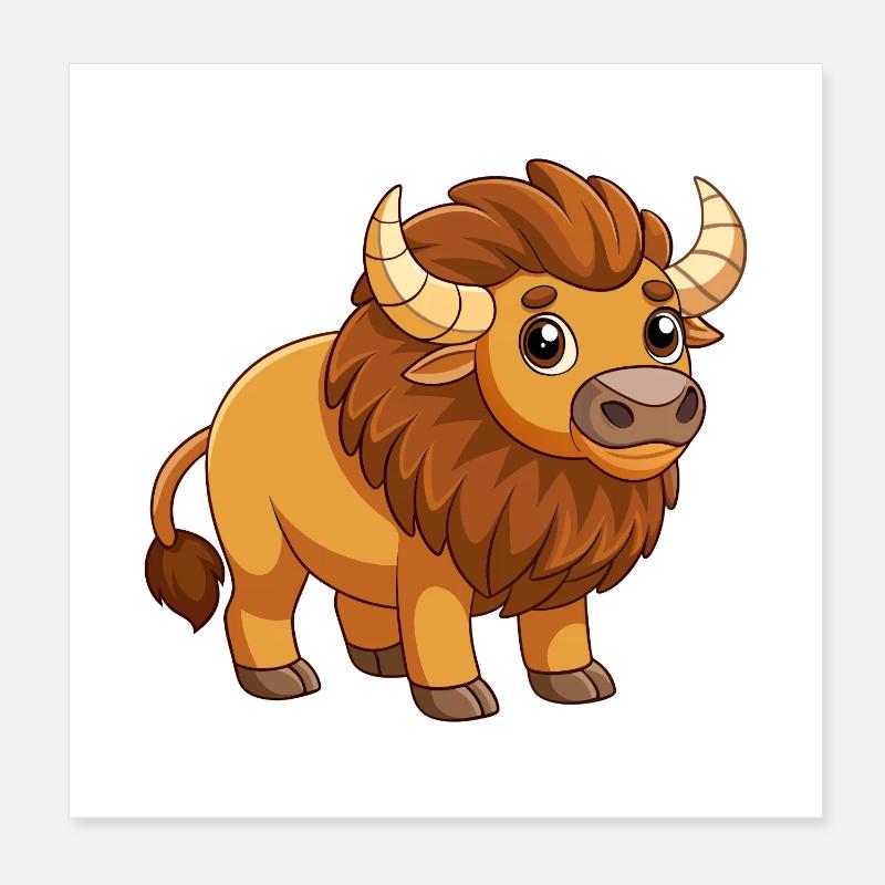 Bison Cute Mascot Cartoon Character Kawaii Poster 8" x 8" (20x20 cm)