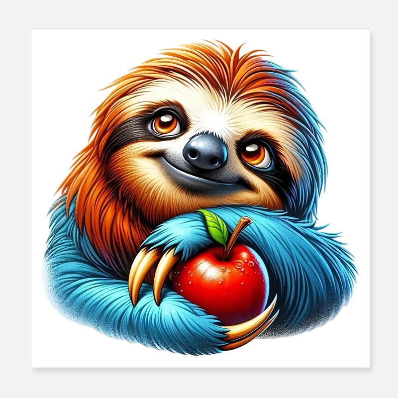 Faultier mit rotem Apfel Poster 20x20 cm