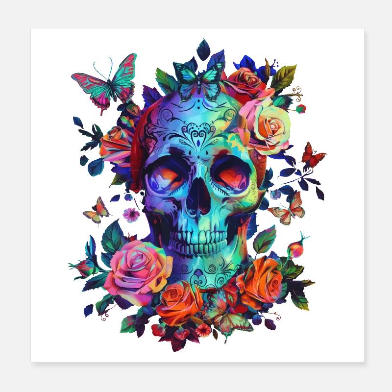 Crâne avec fleurs et papillon Poster 20 x 20 cm