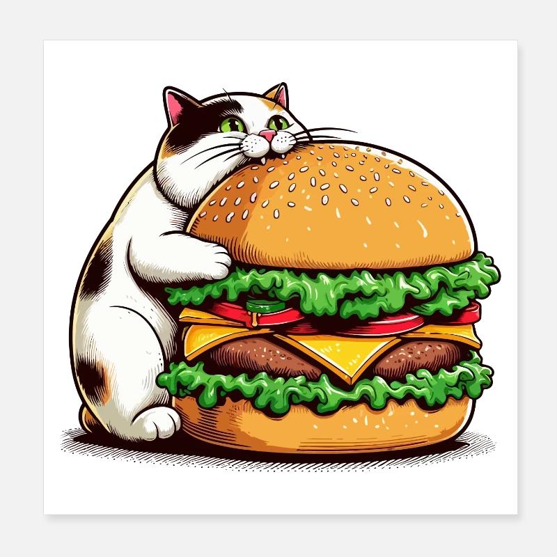 Chat gourmand et hamburger Poster 20 x 20 cm