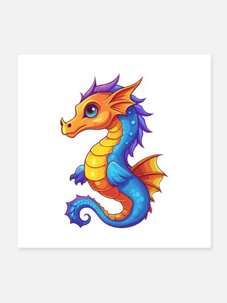 Sea Dragon Colorful Kawaii Cartoon Sea Animal - Poster 8" x 8" (20x20 cm) - white - Front