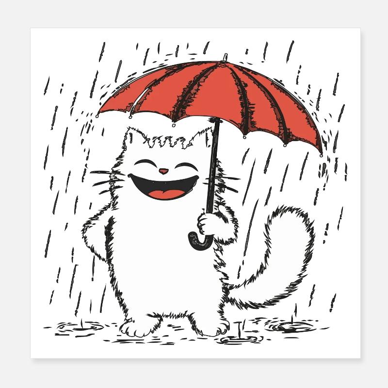 Glückliche Katze unter Regen Poster 20x20 cm