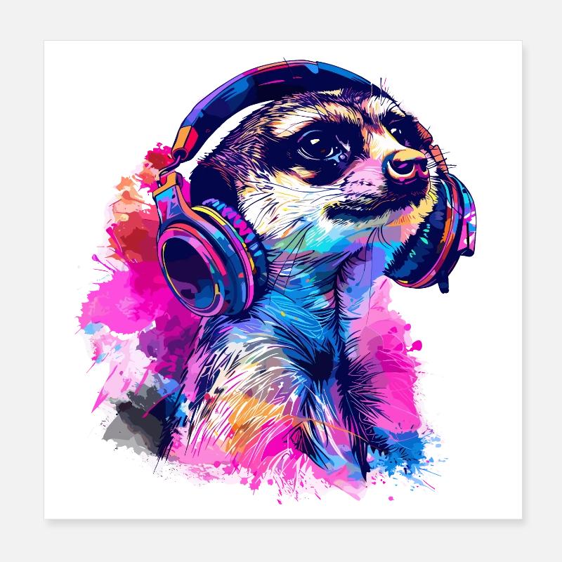 Erdmännchen Erdhündchen Scharrtier mit Kopfhörer Poster 20x20 cm