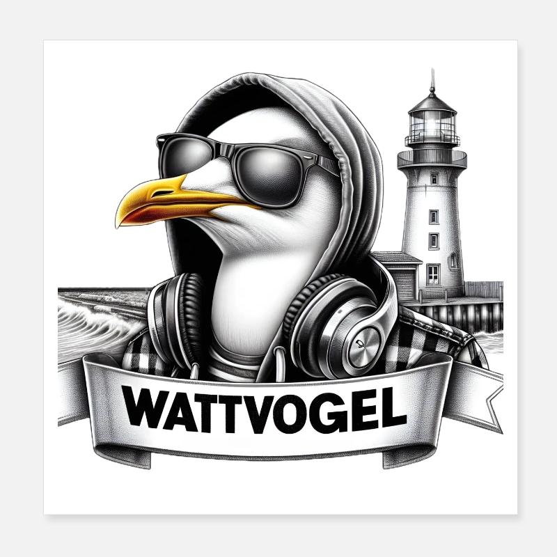Coole Möwe Wattvogel mit Sonnenbrille und Kapuze - Poster 20x20 cm - Weiß
