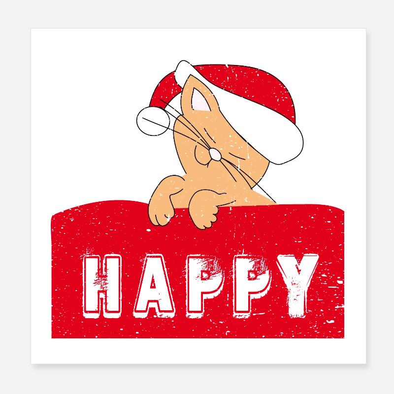 Chat heureux avec bonnet de Noël Poster 20 x 20 cm