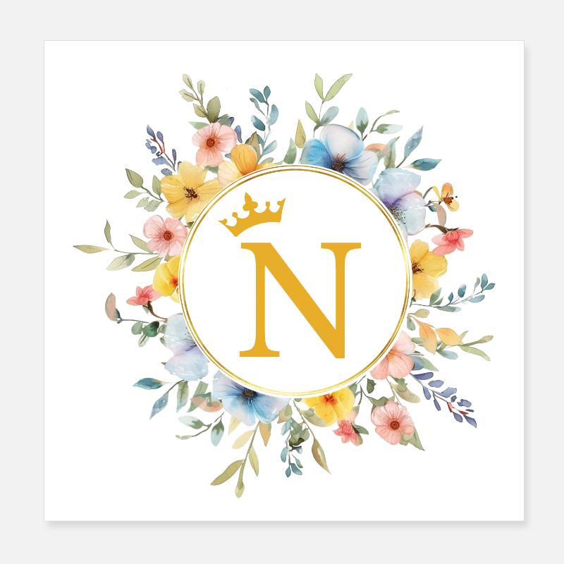 N Monogramme, Cercle de fleurs, Personnalisable Poster 20 x 20 cm