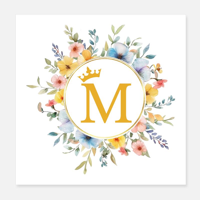 M monogramme, cercle de fleurs, personnalisable Poster 20 x 20 cm