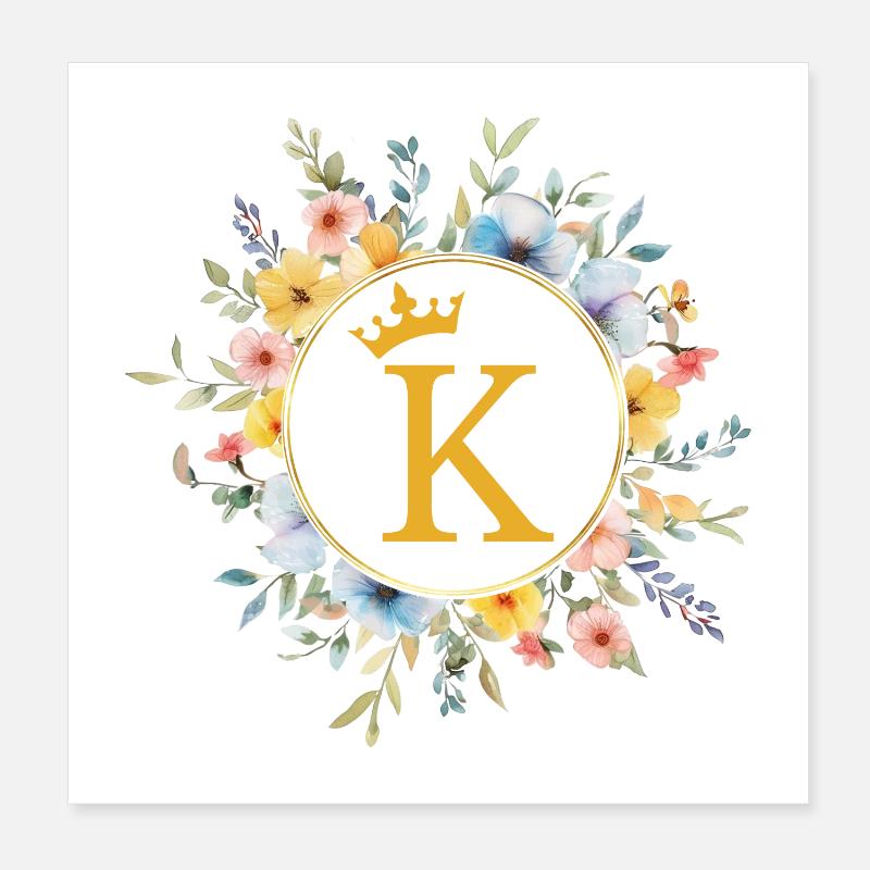 K Monogramme, Cercle De Fleurs, Personnalisable Poster 20 x 20 cm