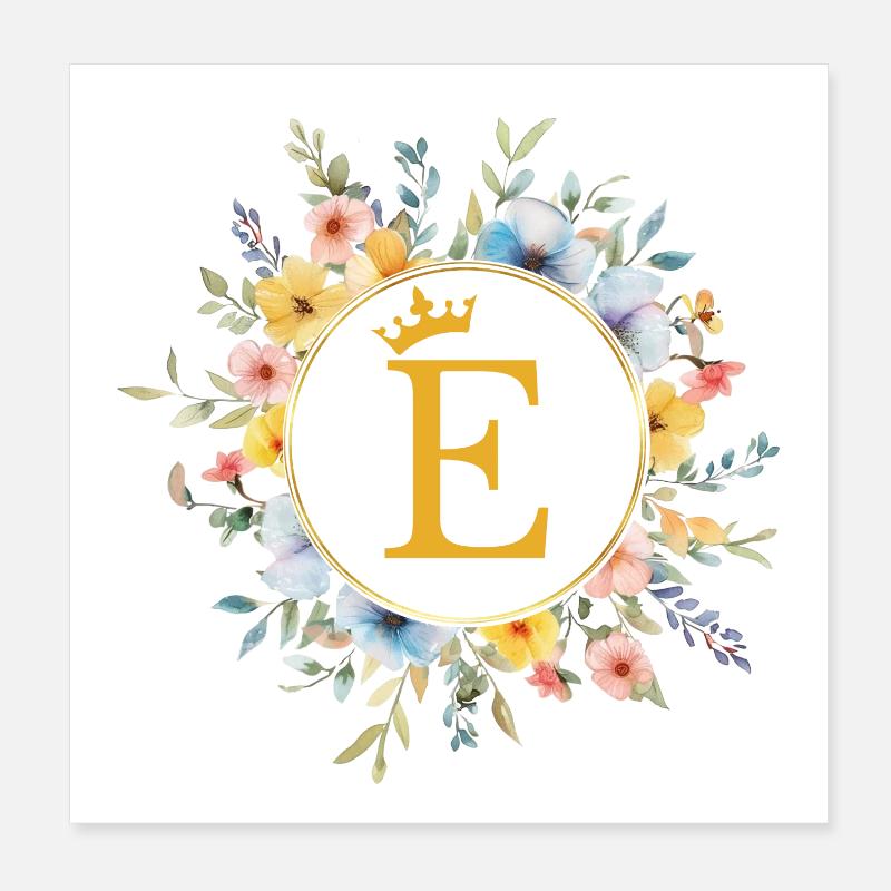 E monogramme, cercle de fleurs, personnalisable Poster 20 x 20 cm