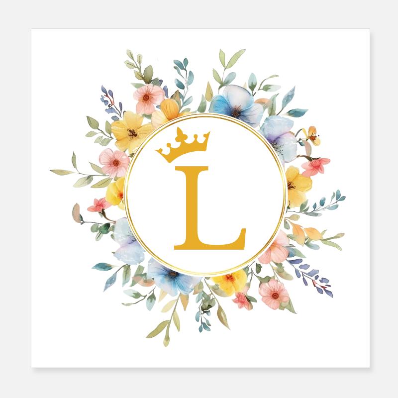 L Monogram, Flower Circle, Personalizable Poster 8" x 8" (20x20 cm)
