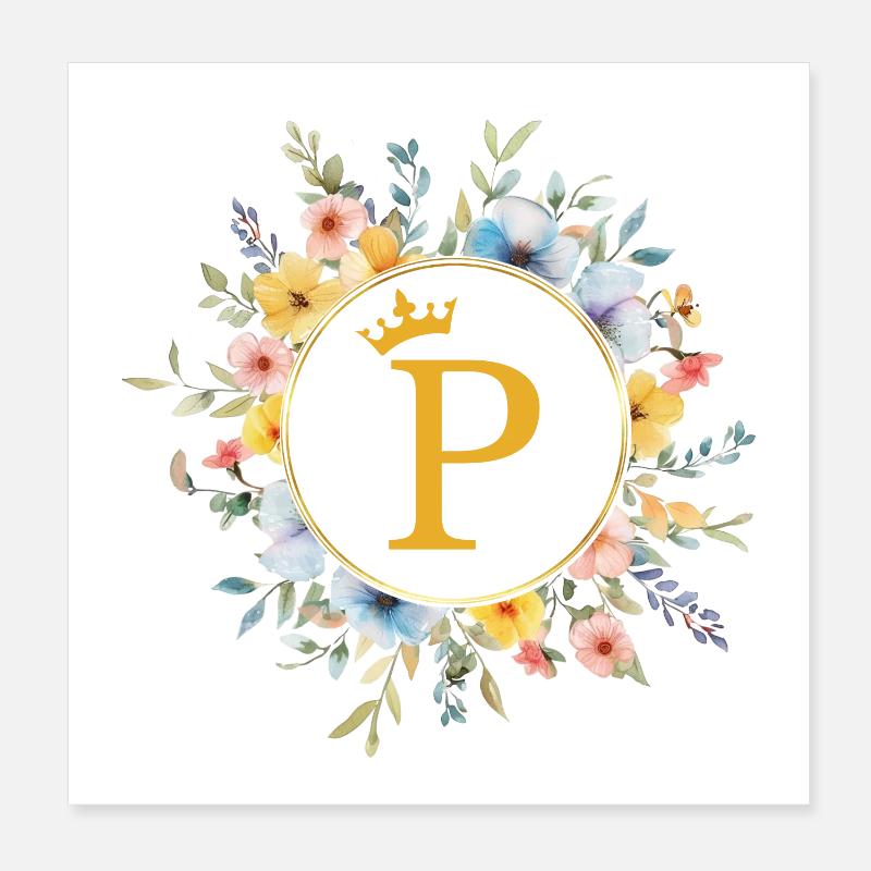 P Monogramme, Cercle De Fleurs, Personnalisable Poster 20 x 20 cm