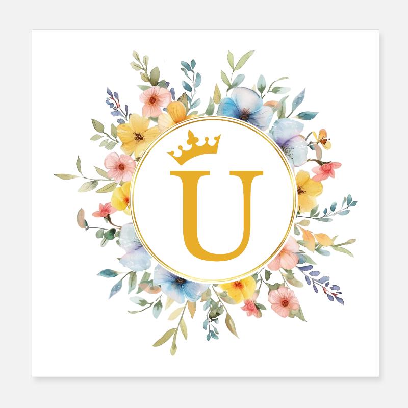U monogramme, cercle de fleurs, personnalisable Poster 20 x 20 cm