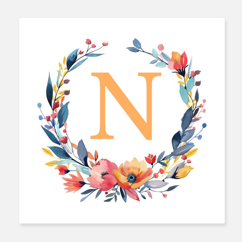 N Monogram, Couronne de fleurs, Personnalisable Poster 20 x 20 cm