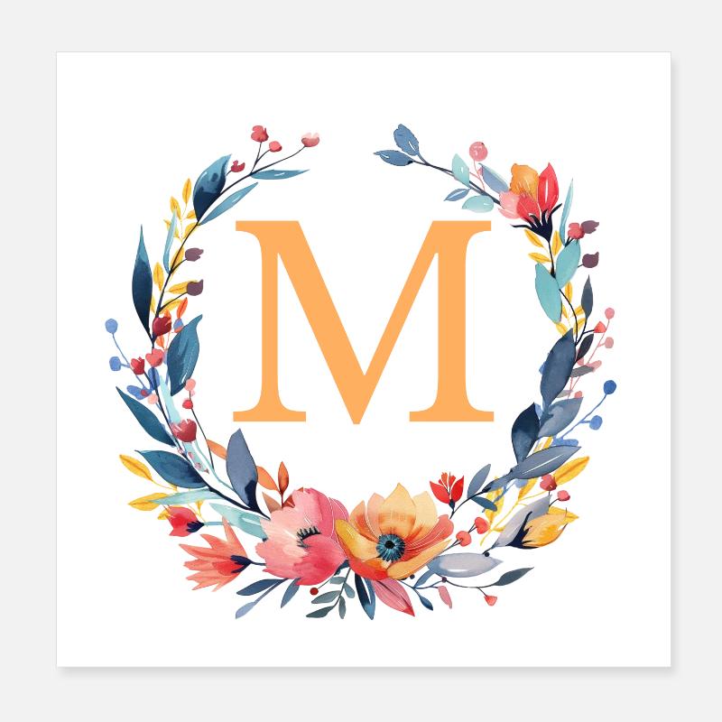 M Monogramm, Blumen-Kranz, personalisierbar Poster 20x20 cm