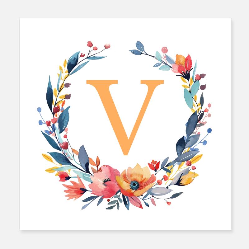 V Monogram, Couronne de fleurs, Personnalisable Poster 20 x 20 cm