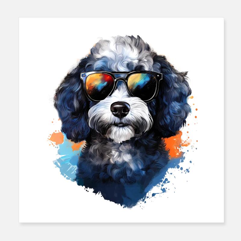 Pudel mit Sonnenbrille - Poster 20x20 cm - Weiß