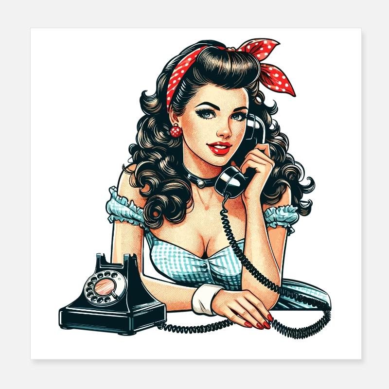 Rockabilly Frau Wählscheiben Telefon Geschenk Poster 20x20 cm