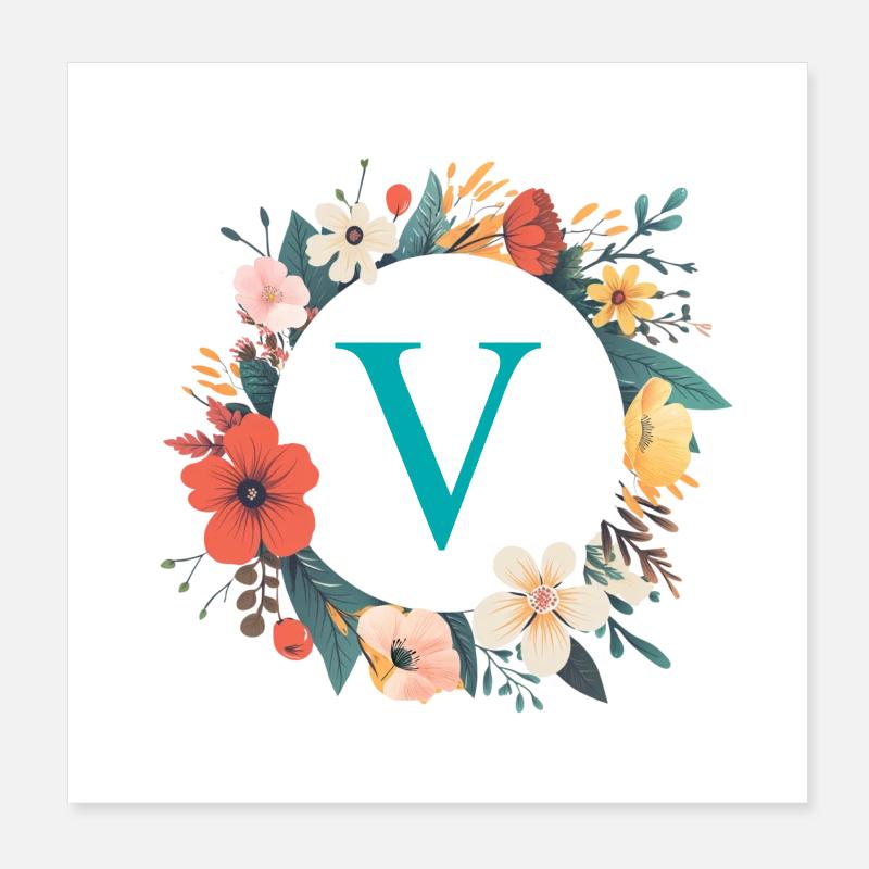 V Monogram, Couronne de fleurs, Personnalisable Poster 20 x 20 cm