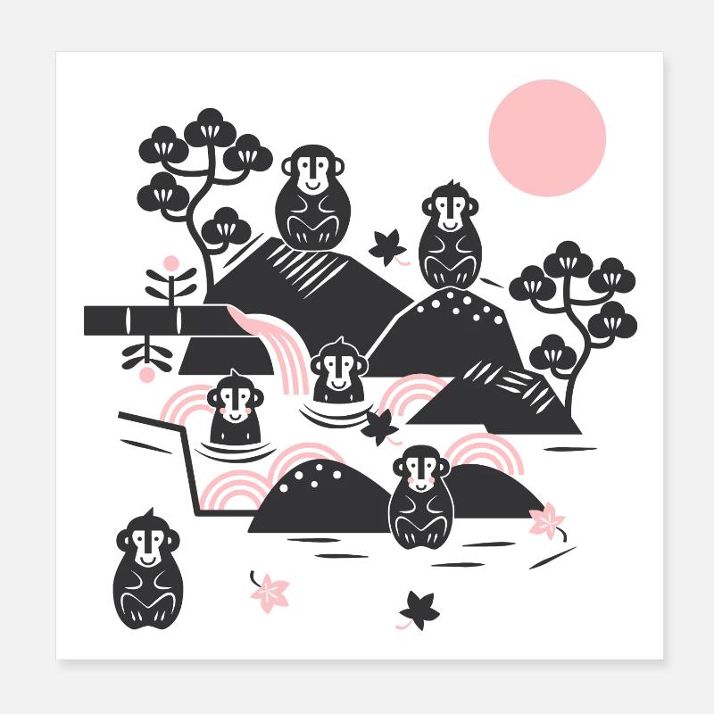 Singes effrayants dans une source chaude l noir rose Poster 20 x 20 cm