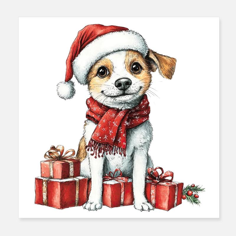 Weihnachts-Welpe mit Geschenken Poster 20x20 cm