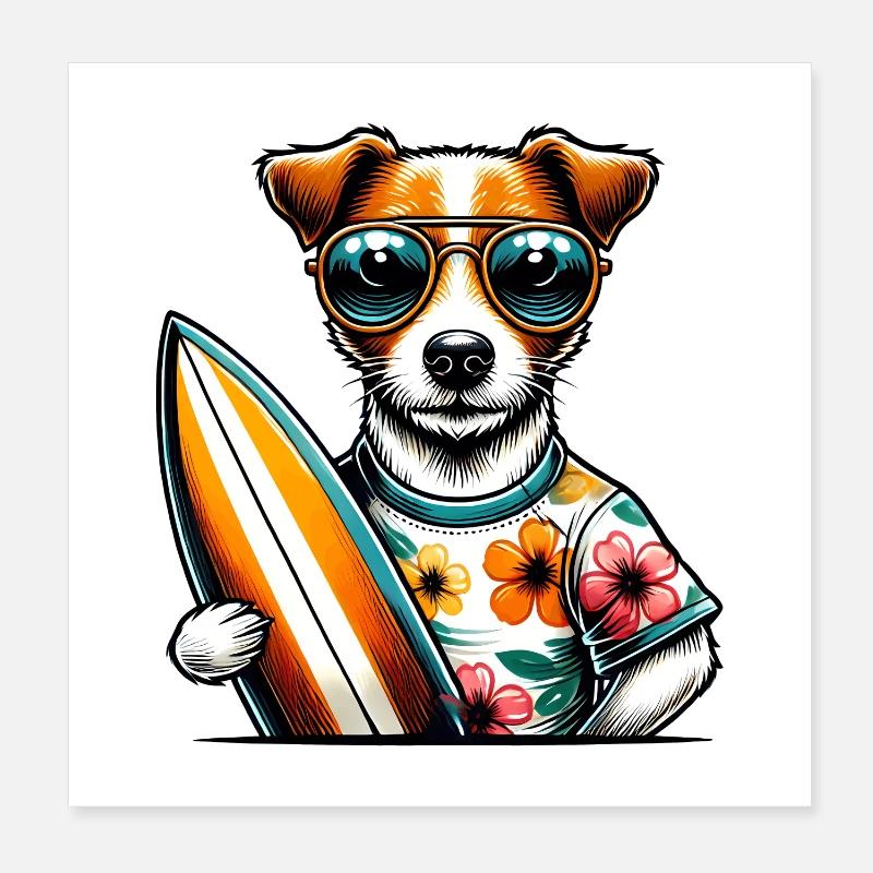 Jack Russell Terrier Surfer - Poster 20x20 cm - Weiß